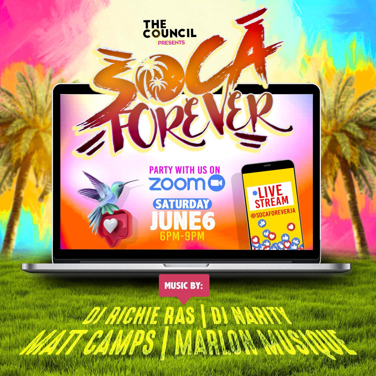theboxlunchpod's tweet photo. Join us in 30 minutes for the #SocaForeverJa exclusive Zoom party with your favorite Soca DJs: 
@DJRichieRAS
@djnarity
 @MattCampss
@marlonmusique
@socaforeverja 
Register for access on ZOOM: https://t.co/yXJBMCQ4Kv

Mixlr access: https://t.co/pmuTCsERLz https://t.co/mO9pbjqeaD