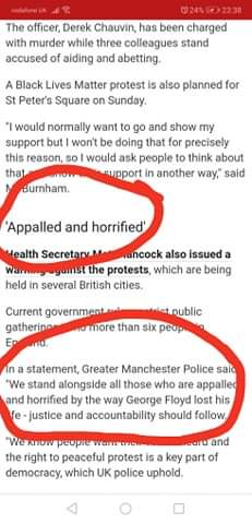 Massively misleading artical from the BBC. Photo obviously taken before the protest started & 99% of the ppl I saw today had a mask on. And then they take a quote out of context to make it seem like it was more dangerous then it was? Shite.
#manchestermarch