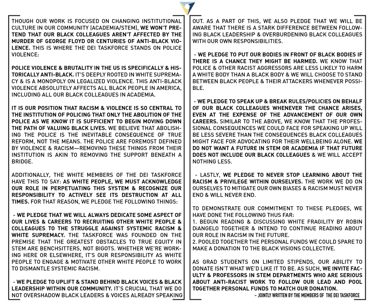 DeiTaskforce's tweet image. Though our work is focused on changing institutional culture in our community (academia/STEM), we won't pretend that our Black colleagues aren't affected by the murder of #GeorgeFloyd or centuries of anti-Black violence. This is where the DEI Taskforce stands on police violence: