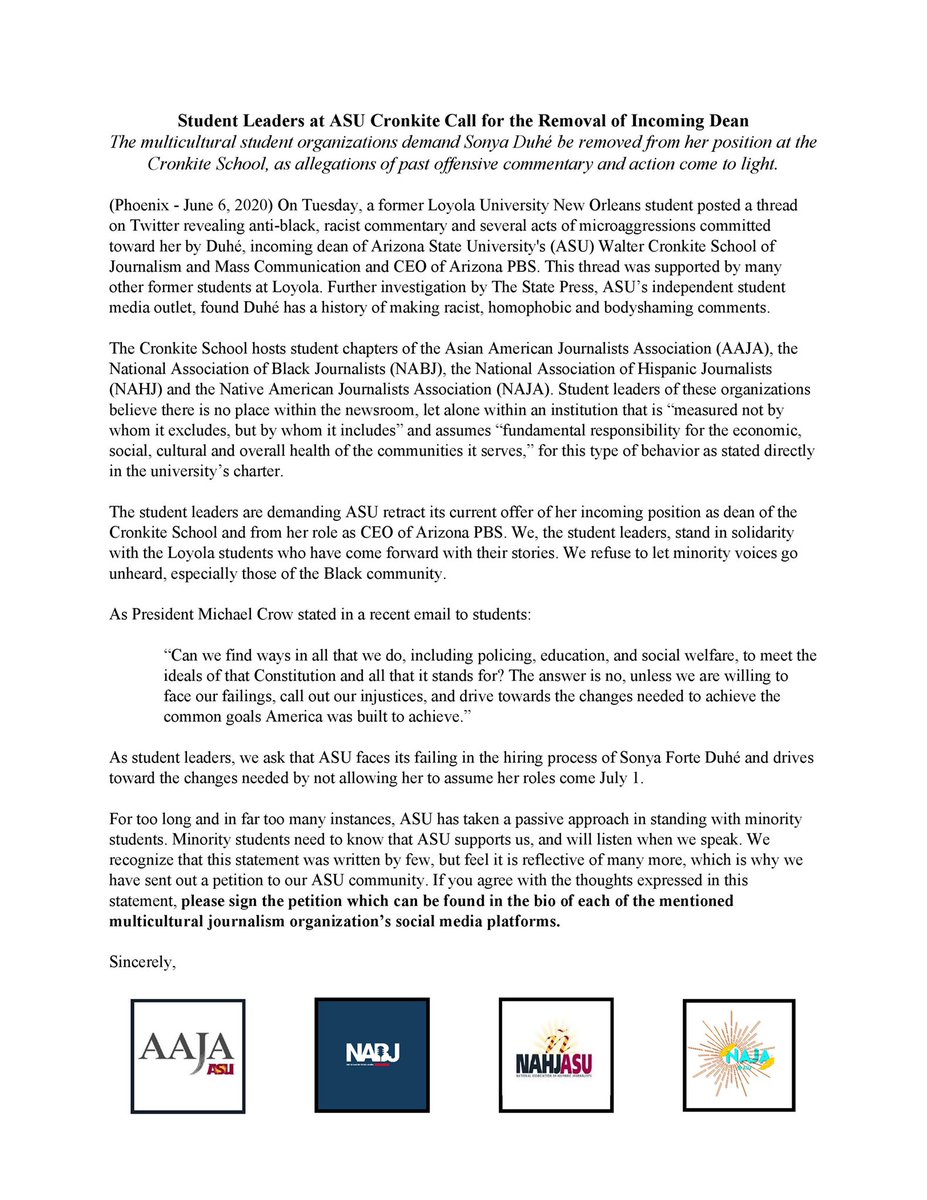 CronkiteMsjc's tweet image. ASU Community: the student leaders in the diversity organizations at Cronkite have made the statement in regards to the incoming Dean.

Petition link: chng.it/5ZBBjhpYNw