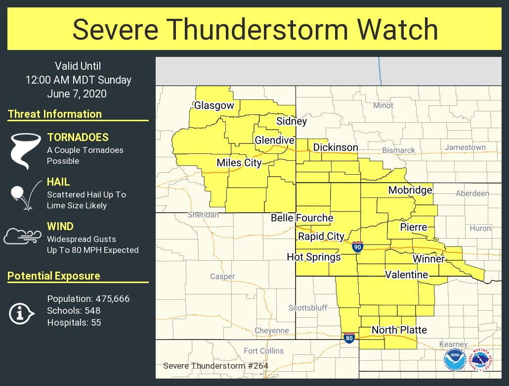 CEDRdigital's tweet photo. A severe thunderstorm watch has been issued for parts of #MT, #NE, #ND, #SD until 12 AM MDT
Hay una alerta de tormenta severa para partes de #Montana, #Nebraska, #Dakota del Norte y el Sur hasta las 12 AM MDT
#MilesCity #Glendive #NorthPlatte #RapidCity #Mobridge #Dickinson https://t.co/qv9x5NSKTq