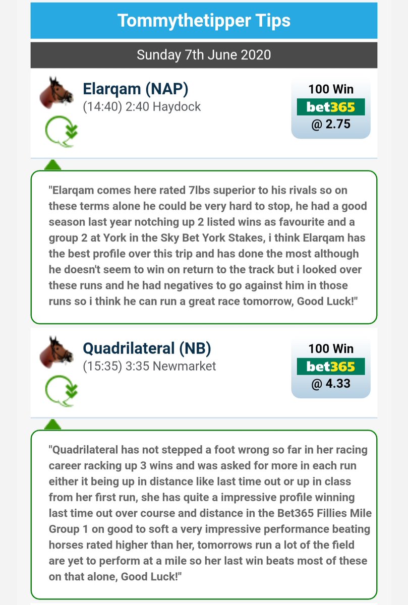 TommyTheTipper's tweet photo. Tomorrows selections from #Newmarket and #Haydock #Horseracing #NAP #NB #Freetips #OLBG #Elarqam #Quadrilateral #Savalas https://t.co/NC97wgUthT