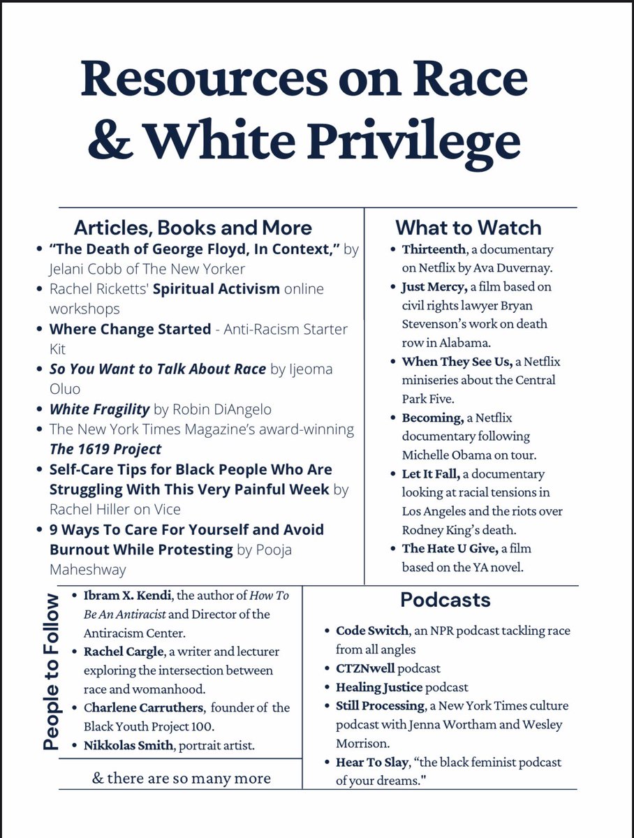 hha_unc's tweet photo. Here are some great resources for learning about race and white privilege, and there are so many more! Comment and share other resources! https://t.co/Ocg2clo8oI