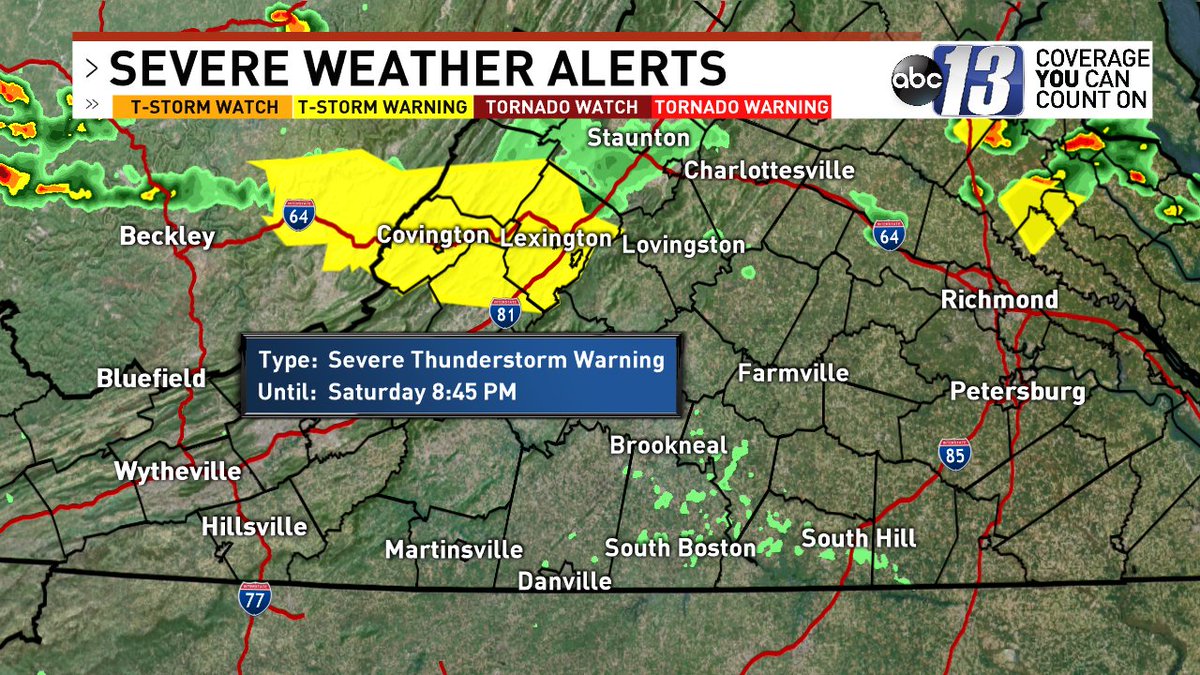Severe Thunderstorm Warning For...
 Covington
  Alleghany County
  The City Of Buena Vista
  The City Of Lexington
  Rockbridge County
  Northern Botetourt County
  *Until 8:45PM