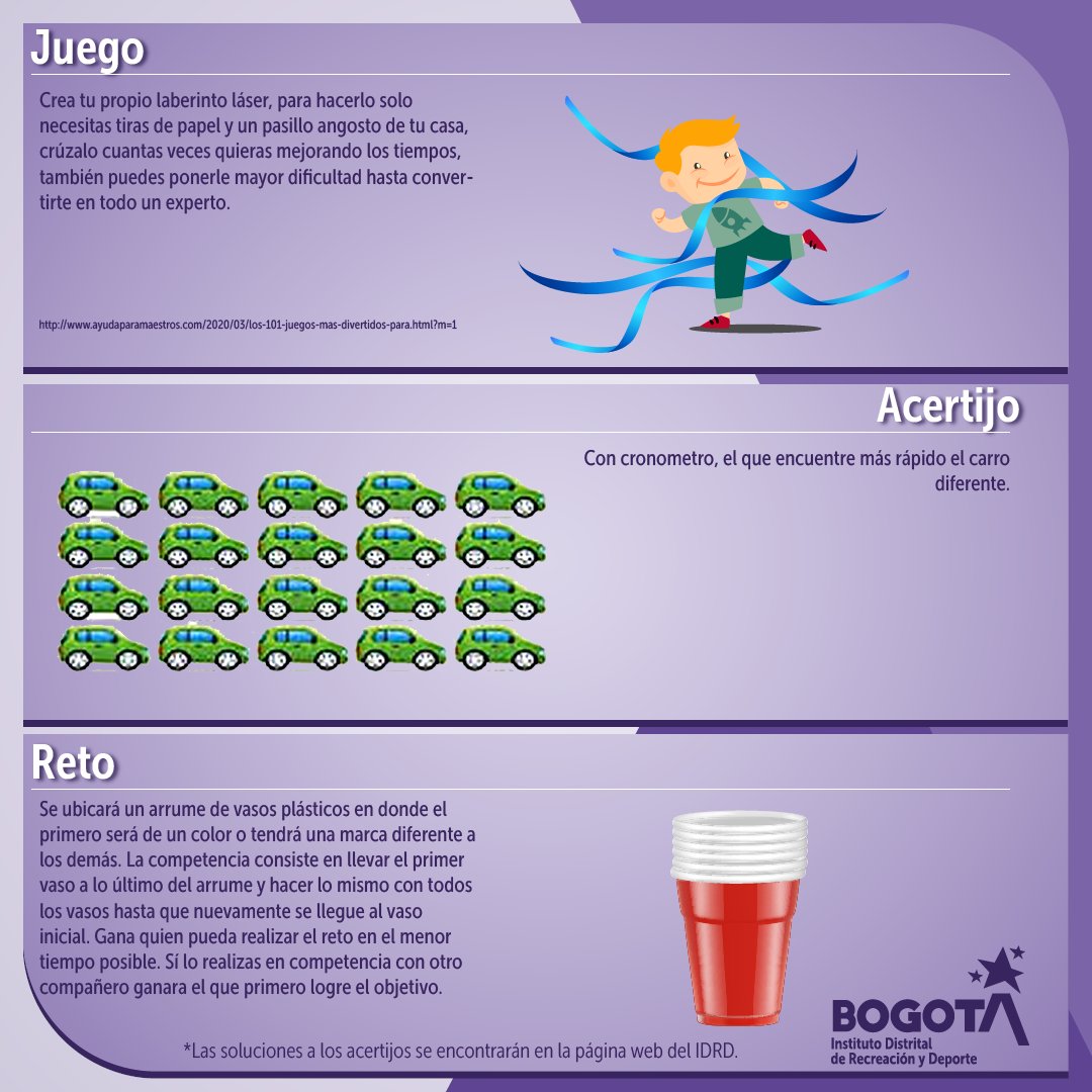 IDRD's tweet photo. ¡Juguemos juntos en casa y con toda la familia! Acércate a tus hijos, 👧👦 padres, 👩🧔 abuelos 👵👴 o mascotas. 🐱🐶 Resuelve el reto y el acertijo, tómale una foto y déjala en los comentarios. 🧩🧸 https://t.co/bxngMVm7sW