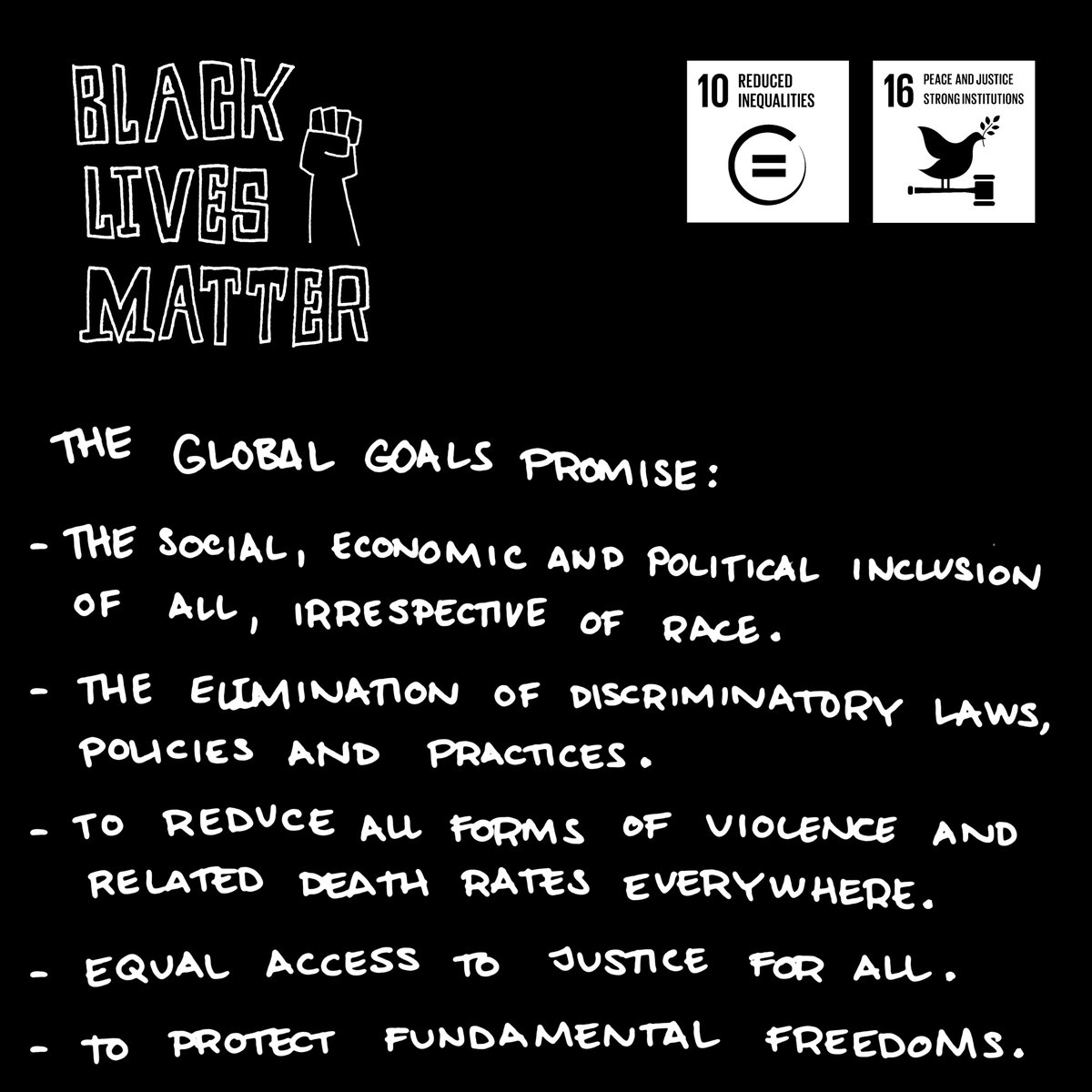 #BlackLivesMatter | As protests and demonstrations continue around the world, we want to reaffirm what #GlobalGoals  #Goal10 and #Goal16 stand for - justice and equality. Click to read the Global Goals promise...
#justice #equality #peaceandjustice #reducedinequalities