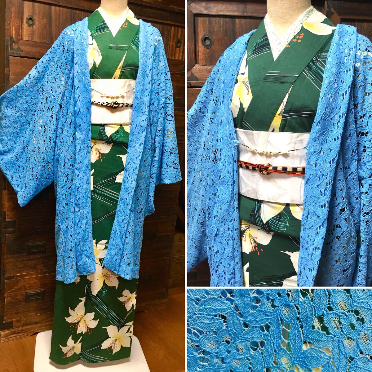トウキョウジョウふんず つち レース羽織づくり教室に向けて サンプル作りました まずはコーディネート写真 浴衣を着物風に インド綿から作った着物 帯はレースショール 着物 羽織 レース羽織 着物コーディネート 夏着物 ハンドメイド