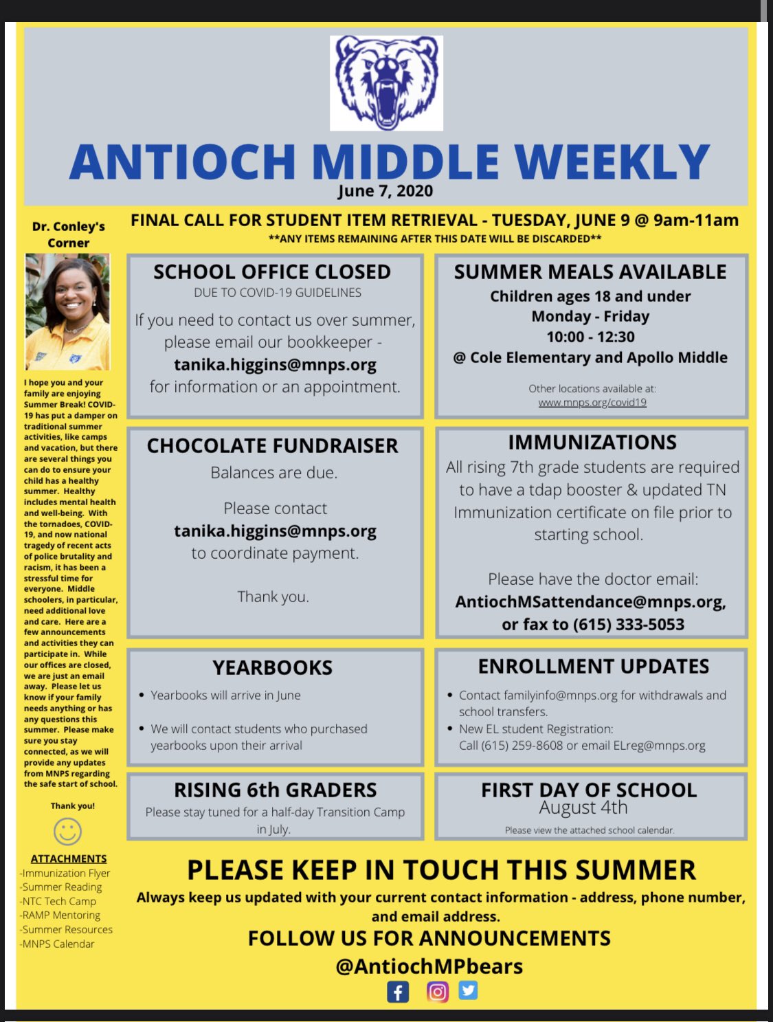 Antioch Middle School on X: "Check out our latest newsletter! We are  offering a final item pick up on Tuesday, June 9th from 9-11am. All items  left after Tuesday will be discarded.