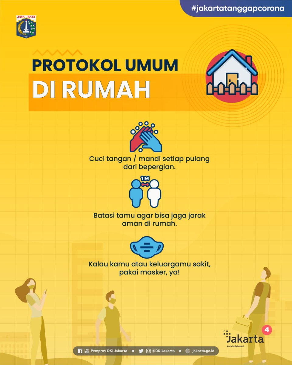 Teman-teman, berikut panduan umum protokol kesehatan pada masa #PSBBTransisi baik di rumah, tempat kerja, berpergian, pendidikan, hingga aktivitas sosial dan ekonomi!

#JakartaTanggapCorona #PSBBJakarta #HadapiBersama #PSBBTransisi