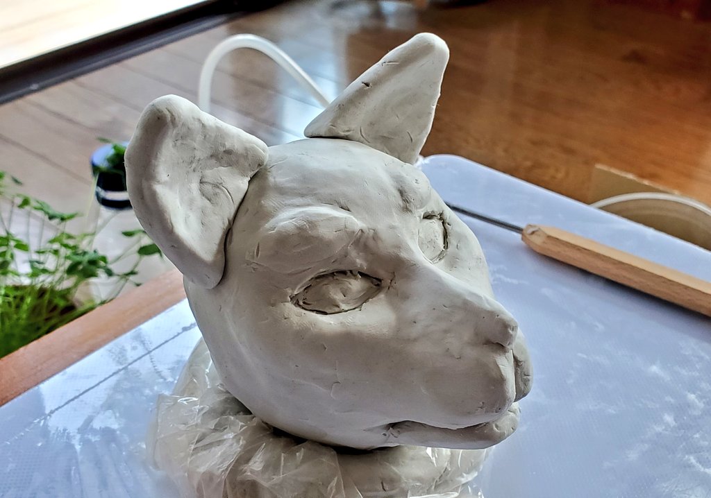 湖条圭子 午前中 たっぷり日差し浴びて運動したので 午後は部屋で粘土細工 頭作る練習にゃ 今回は狐さん作ろうかと ああでもない こうでもないと粘土捏ね繰り回して トカゲ顔から ナゼそうなる 犬顔へ やっと狐ッポイ顔になったか