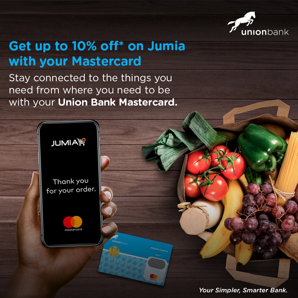 UNIONBANK_NG's tweet photo. Shopping online this weekend?
Get 10% off on Jumia with your Union Mastercard.
Call us to request for your Mastercard.
Enjoy your shopping.
#Mastercard #UnionDeals #EasyShopping #UBNDiscounts #UnionBank #YourSimplerSmarterBank https://t.co/uIDzLHVc59