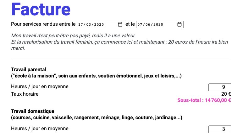 Au lieu de parler avec pédagogie du travail gratuit des femmes durant le confinement, on a décidé de le faire payer par les hommes. En toute pédagogie, bien entendu.😼 #mafacturecovid <a href="/PFeministes/">Parents & Féministes - compte inactif</a> <a href="/osezlefeminisme/">Osez le féminisme !</a> 

Par ici pour éditer la vôtre👇✊:
parentsetfeministes.com/2020/06/04/mes…