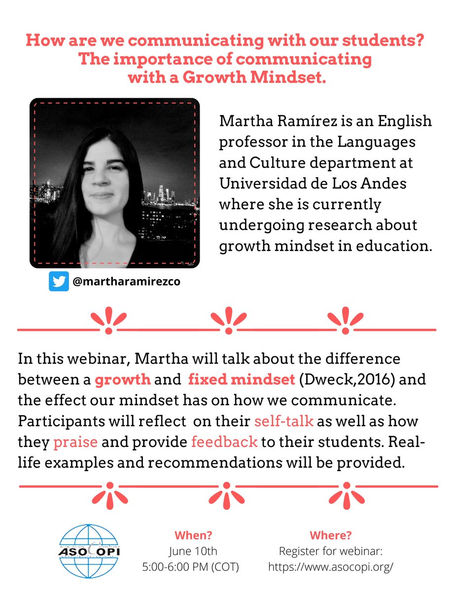 Join me this coming Wednesday June 10th at 5 p.m. (COT) with ASOCOPI. I will be talking about communicating with a growth mindset.
Live link: youtube.com/watch?v=KWamrz…