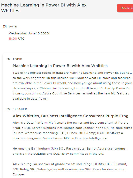 PASS BA VG (@passbavc) on Twitter photo Don't miss today - "Machine Learning in #PowerBI "
with Alex Whittle <a href="/PurpleFrogAlex/">Alex Whittles</a>
Registration link bit.ly/PASSBA20200610 <a href="/passbavc/">PASS BA VG</a> #sqlpass <a href="/Vishal_BI/">Vishal bi</a> <a href="/MikeJohnsonZA/">Michael Johnson</a> Don't miss today - "Machine Learning in #PowerBI "
with Alex Whittle <a href="/PurpleFrogAlex/">Alex Whittles</a>
Registration link bit.ly/PASSBA20200610 <a href="/passbavc/">PASS BA VG</a> #sqlpass <a href="/Vishal_BI/">Vishal bi</a> <a href="/MikeJohnsonZA/">Michael Johnson</a>