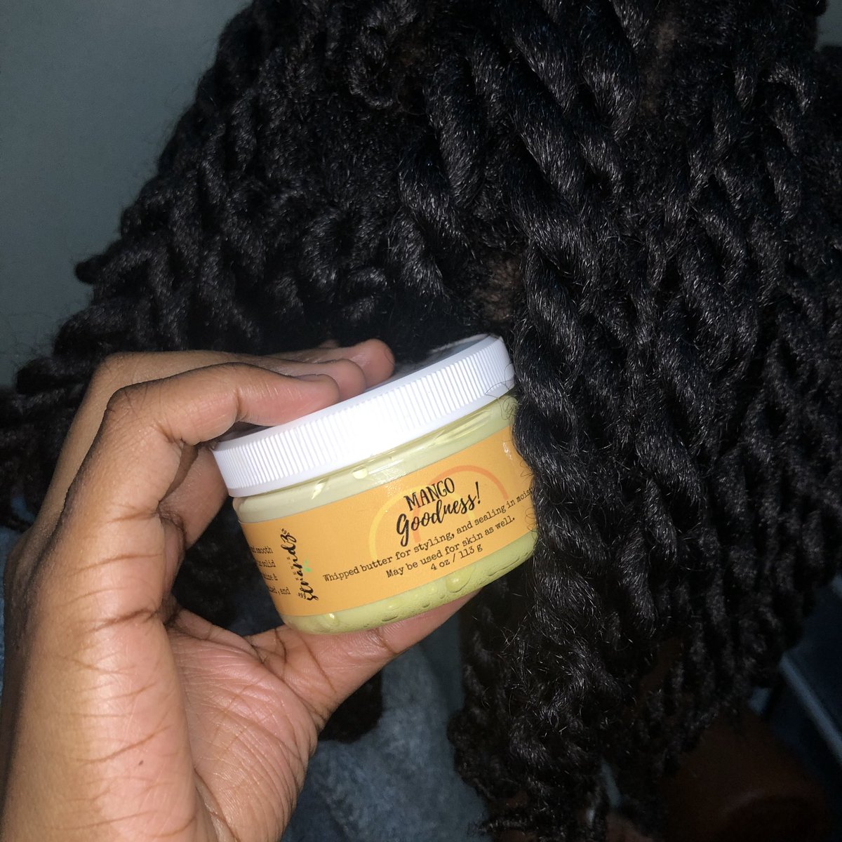 kenzstrandz's tweet image. Mango Goodness! 🥭 giving these twists that juicy effect! 

-We’re pushing the date forward a day and dropping this hair and body butter on June 18th, 2020 at midnight EST. 

Make sure you’re there to grab a jar and #getstranded💜💚