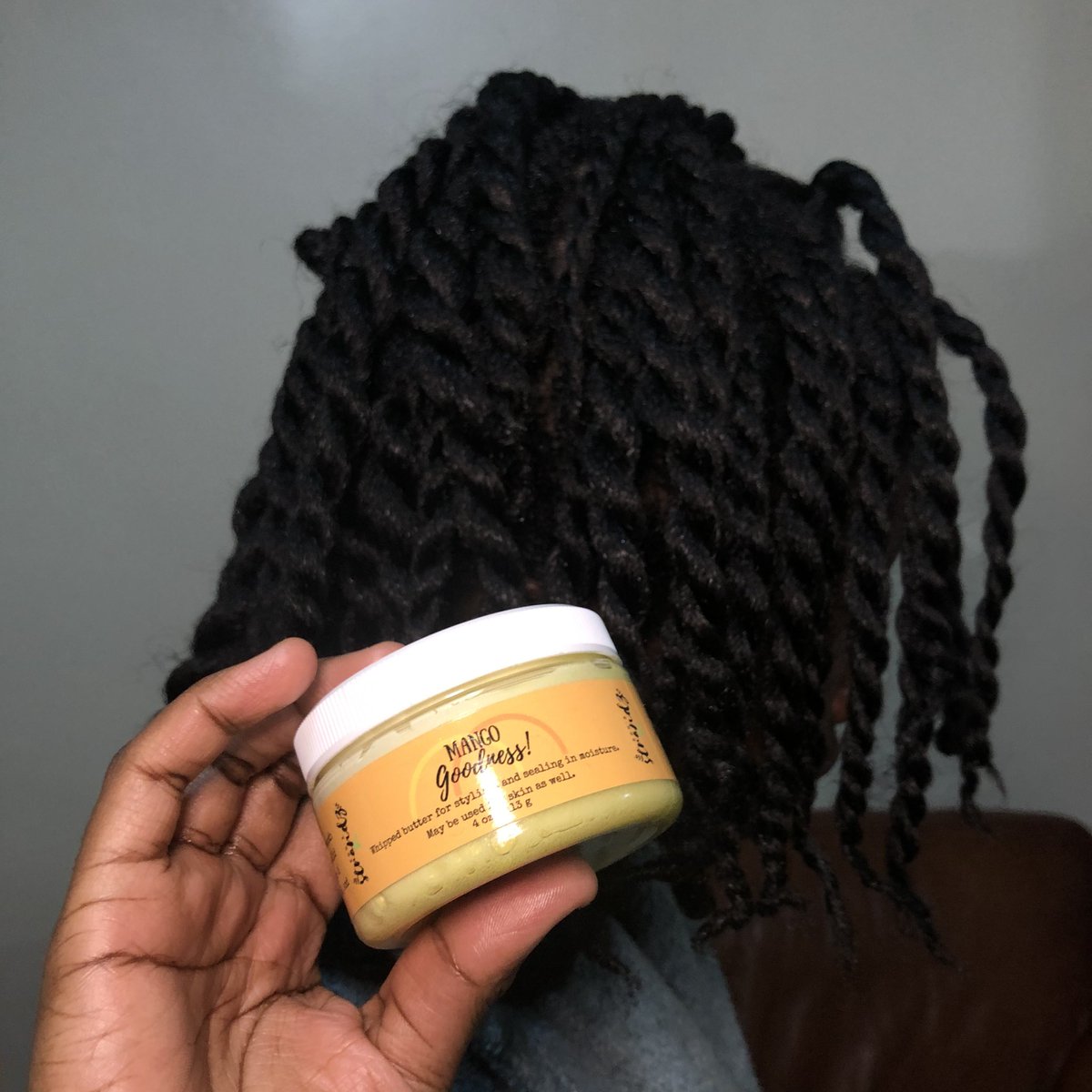 kenzstrandz's tweet image. Mango Goodness! 🥭 giving these twists that juicy effect! 

-We’re pushing the date forward a day and dropping this hair and body butter on June 18th, 2020 at midnight EST. 

Make sure you’re there to grab a jar and #getstranded💜💚
