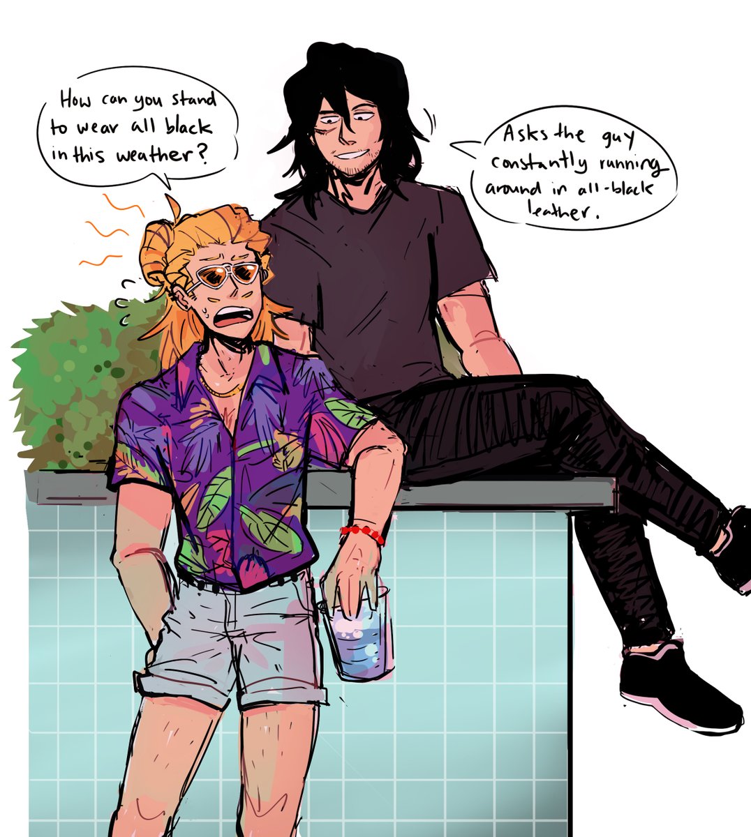 boggllez's tweet photo. some good old erasermic in summer outfits. (well, mostly mic)
#bnha #erasermic https://t.co/TMLnKsHKD6