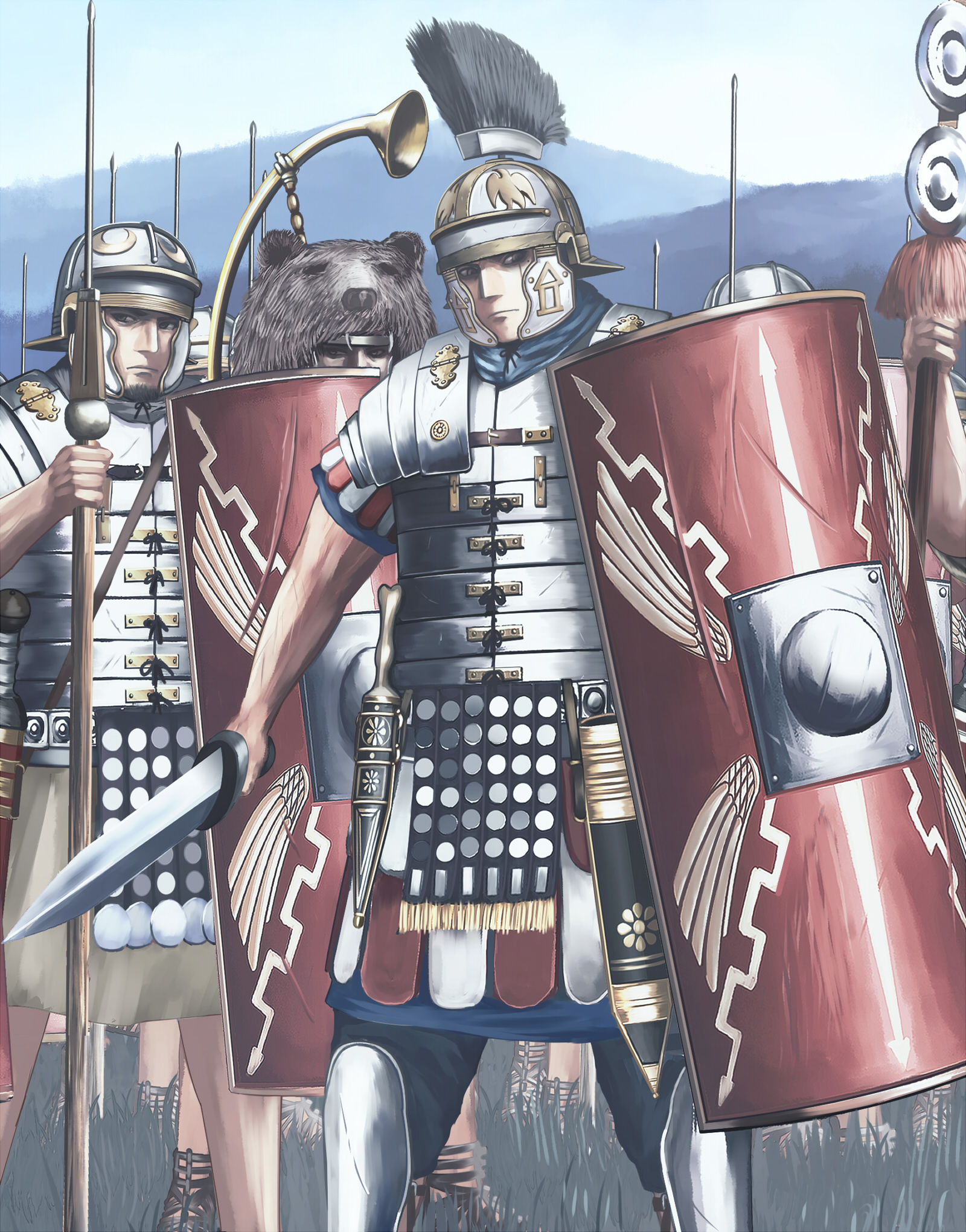 ジェントリ吉田 G Yoshida ローマ帝国軍 百人隊長ケントゥリオ Centurio 隊の管理から戦闘までローマ軍団に欠かすことのできない百人隊長 1世紀から2世紀あたりのものを参考に描きました 右はロリカ ハマタ 鎖帷子 にファレラ 円形の飾り を装備 左