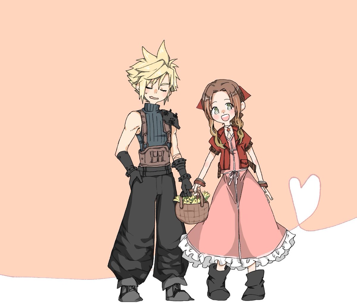 aerith gainsborough ,cloud strife 1girl 1boy pink dress dress spiked hair blonde hair red jacket  illustration images