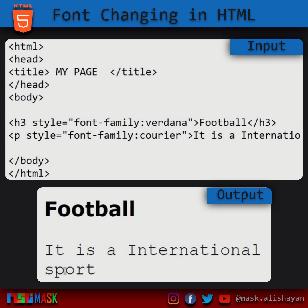 ProgrammingMask's tweet photo. Text Font In HTML
LEARN | SHARE | EARN
----Click for More----
@mask_alishayan
#programming #programmer #programmingl
#htm #programminglanguages #programmer #programminglanguage #goprogramminganguage #python #coding #code #css #php #javaprogramming #html5 #htmlcoding https://t.co/nusLvFq076