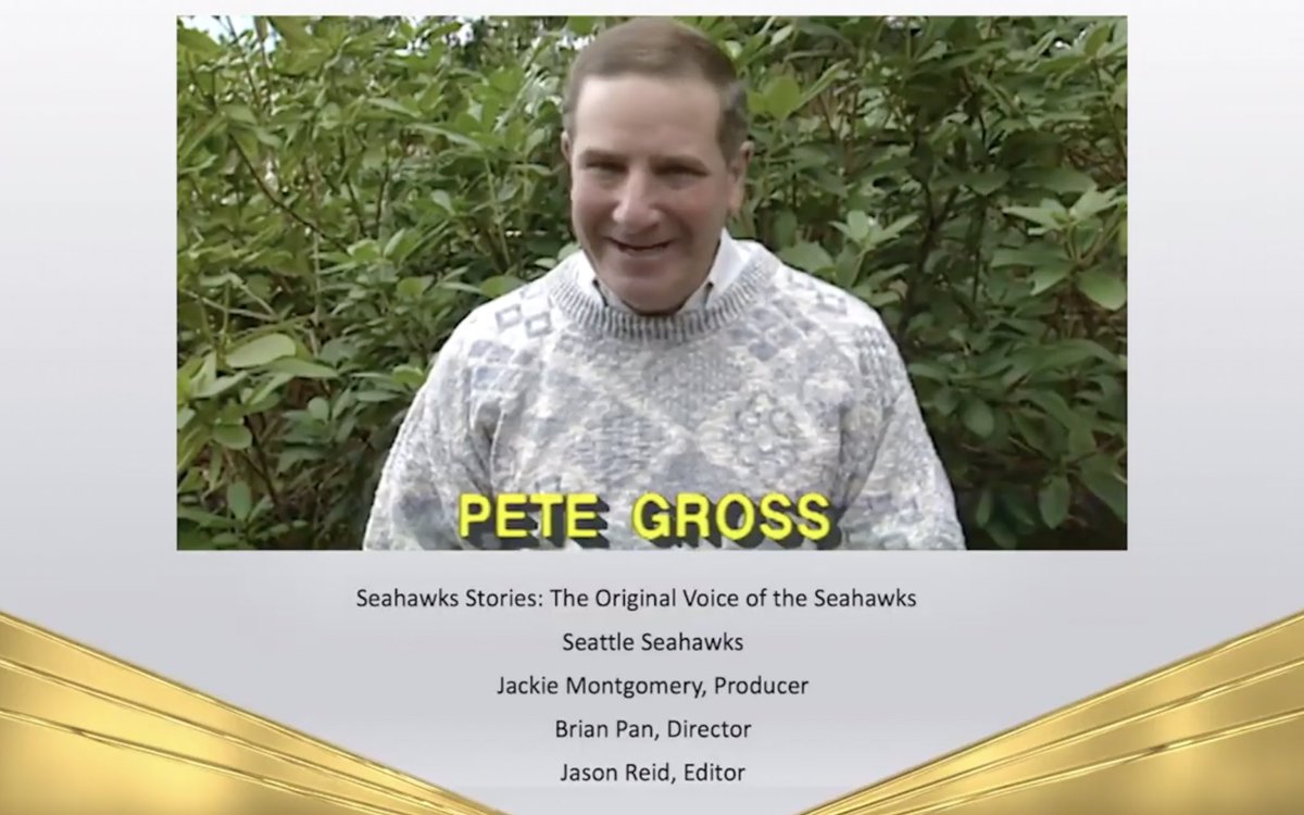 reid206's tweet image. Proud to announce that I won my 2nd Emmy tonight! Thanks to the @Seahawks &amp;amp; @natasnw. I’d like to dedicate this award to the legacy of Pete Gross. Watch the 21 minute film for free on YouTube: youtu.be/pn_mToFJ-do
#Seahawks #PeteGross #NWEmmys #MyEmmySpeech #Emmy #Documentary