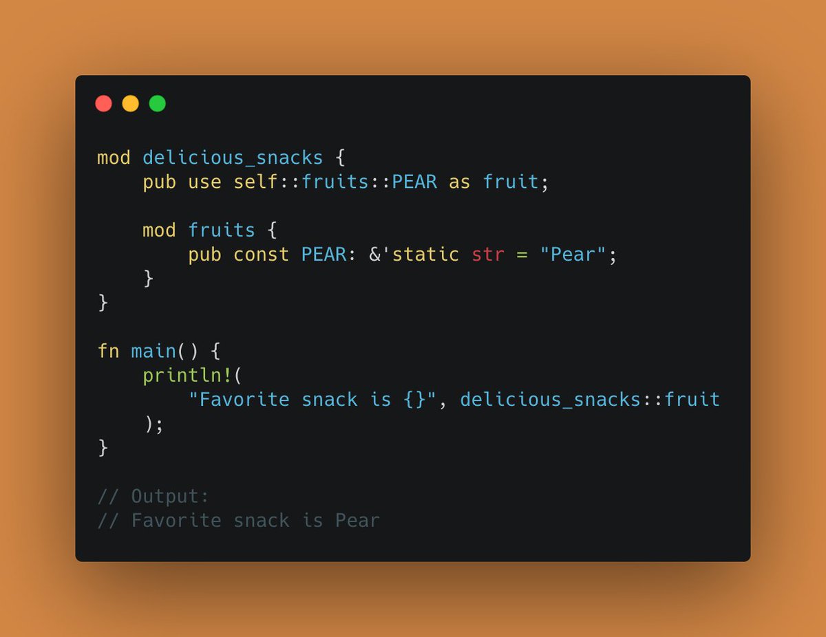 shinokada's tweet image. #learnrust #learningrust #rustlang Use pub modifier to use self::fruits::PEAR as fruit.