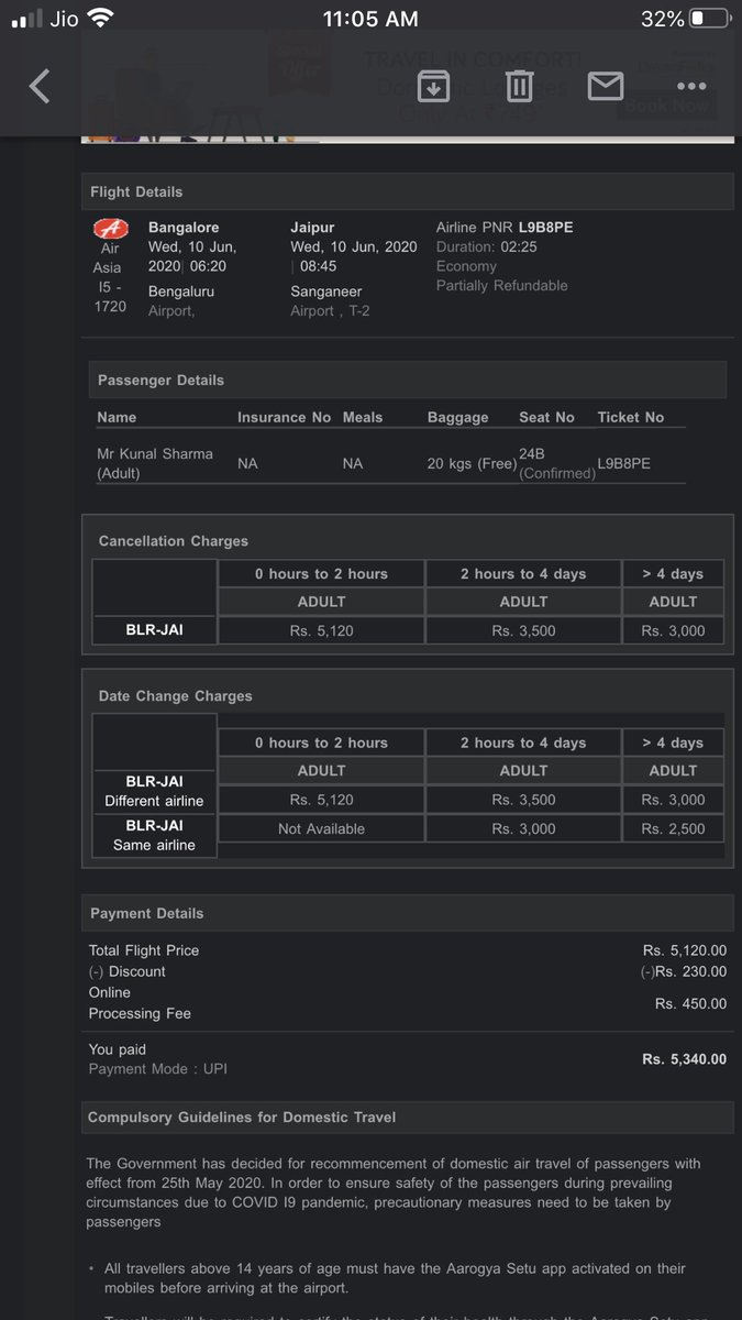 tokunal08's tweet photo. AirAsia scam. Booked BLR to JAI flight on 4th june for 10th June travel. They cancelled it on 6th June. Now I had to pay additional increased fare rs. 1632 + processing fee rs. 250 for flight on same day.  @AirAsiaIndian @AirAsia #airasiascam #airasia @DGCAIndia https://t.co/F1dKL7ACzM