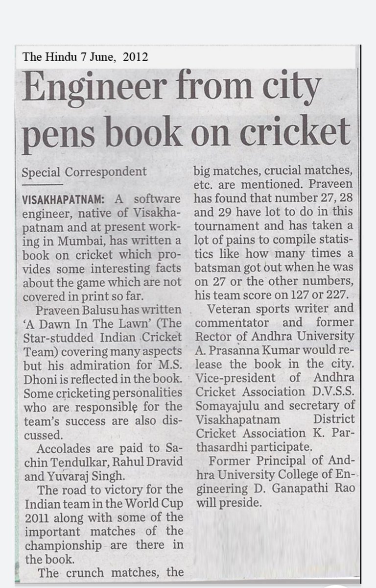 PraveenBalusu1's tweet photo. 8 years before-7th June,2012, when my first book -"A Dawn in the Lawn" released. A book on our Thala @msdhoni &amp; statistical analysis of CWC 2011. Atchd are couple of release details (Courtesy: The Hindu Newspaper) @ChennaiIPL @SaakshiSRawat @CSKFansOfficial #Yellove @russcsk #CSK https://t.co/GAu8IfF65C