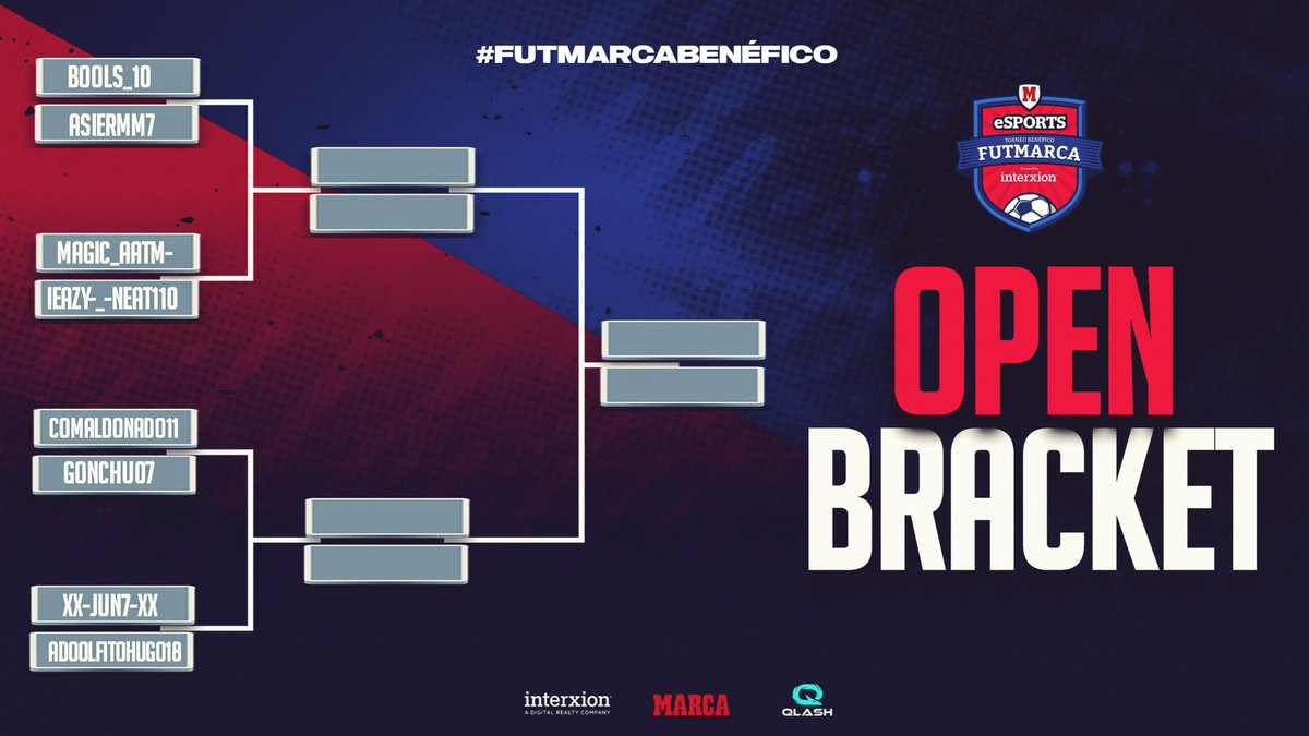 Marca eSports (@marcaesports) on Twitter photo ¡Hoy tenemos el jaleo!
El open bracket será entre:
<a href="/Bools_10/">Alejandro Ruiz</a> de <a href="/TeamThunderr/">Team Thunder</a>
@Asiermm77 de <a href="/eSports_UDLP/">Las Palmas Unity 🔥</a>
@victor_lopezb1
<a href="/Neat11O/">Neat</a> de <a href="/QLASH_Spain/">QLASH España 🐉</a>
@cmaldonado_11
<a href="/gonchu_07/">gonchu07</a> de <a href="/CavaliersTeam/">TeamCavaliers</a>
<a href="/Jun7mp/">Jun7🇮🇨</a> de <a href="/eSports_UDLP/">Las Palmas Unity 🔥</a>
<a href="/AdolfitoPacheco/">Adolfito Pacheco</a>
#FutMarcaBenefico ¡Hoy tenemos el jaleo!
El open bracket será entre:
<a href="/Bools_10/">Alejandro Ruiz</a> de <a href="/TeamThunderr/">Team Thunder</a>
@Asiermm77 de <a href="/eSports_UDLP/">Las Palmas Unity 🔥</a>
@victor_lopezb1
<a href="/Neat11O/">Neat</a> de <a href="/QLASH_Spain/">QLASH España 🐉</a>
@cmaldonado_11
<a href="/gonchu_07/">gonchu07</a> de <a href="/CavaliersTeam/">TeamCavaliers</a>
<a href="/Jun7mp/">Jun7🇮🇨</a> de <a href="/eSports_UDLP/">Las Palmas Unity 🔥</a>
<a href="/AdolfitoPacheco/">Adolfito Pacheco</a>
#FutMarcaBenefico