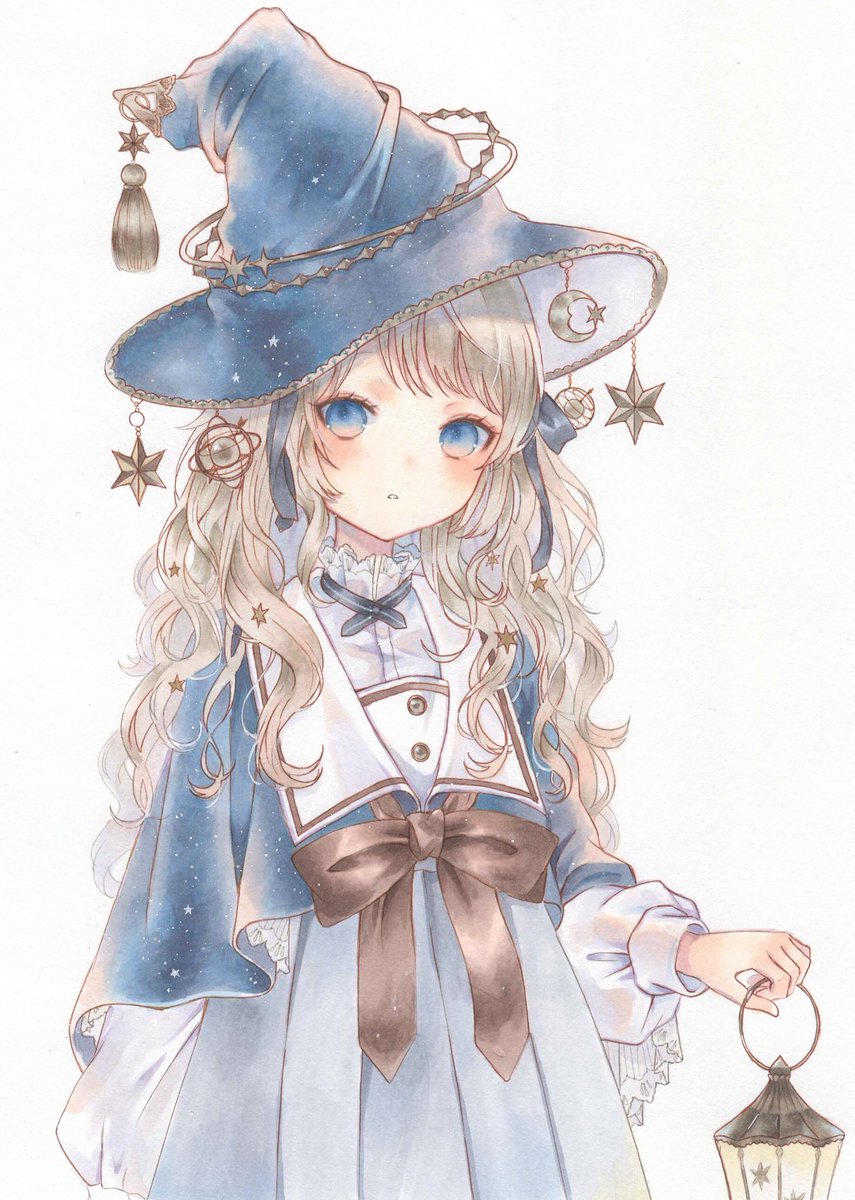 1girl solo hat witch hat blue eyes long hair blue headwear  illustration images