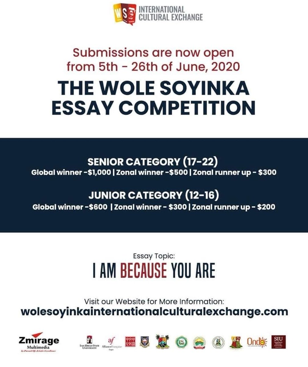 scouthappy_com's tweet photo. #WorkarooOpportunities
Wole Soyinka International Cultural Exchange Essay Competition is open to Students from ages 12 to 22.
Essay Topic: I AM BECAUSE YOU ARE
Apply: https://t.co/FDZP1XcqIq https://t.co/mqNnkk3ZTK