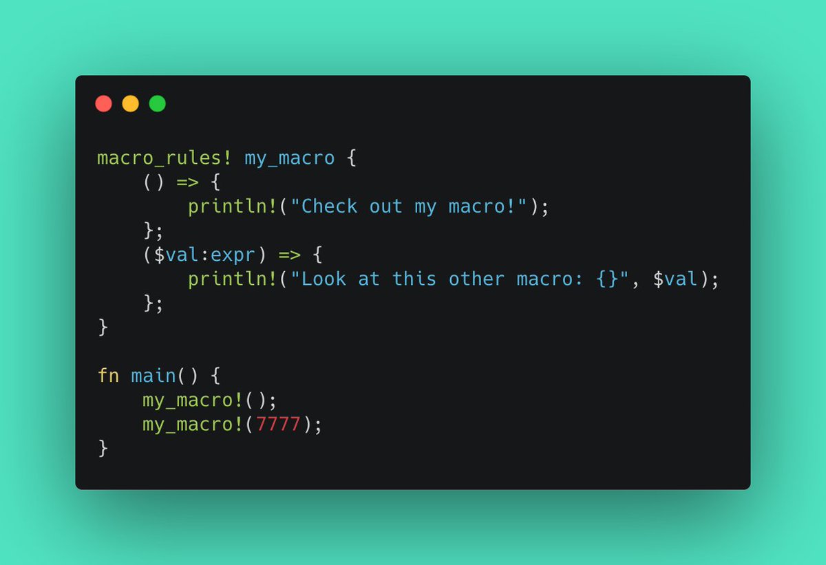 shinokada's tweet image. #learnrust #learningrust #rustlang When you have more than one macro arm, you need to separate them with ;.