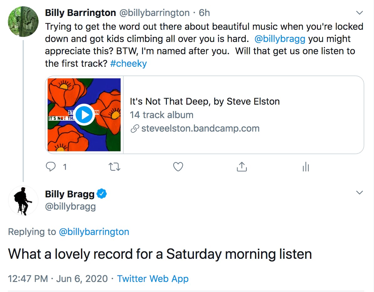 SteveElstonFolk's tweet photo. I'd like to think it's a lovely record for a Sunday morning listen too :) @billybragg   

https://t.co/qffkserX5b https://t.co/PxQWmgC15k