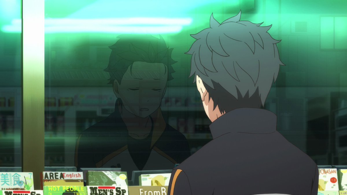 Without words, you can clearly see how Subaru yearns for a romantic relationship as his eyes track the couple outside only to give a sigh once they pass. The reflection in the window with his despondent face before letting out a sigh shows how, on the inside, he feels empty.