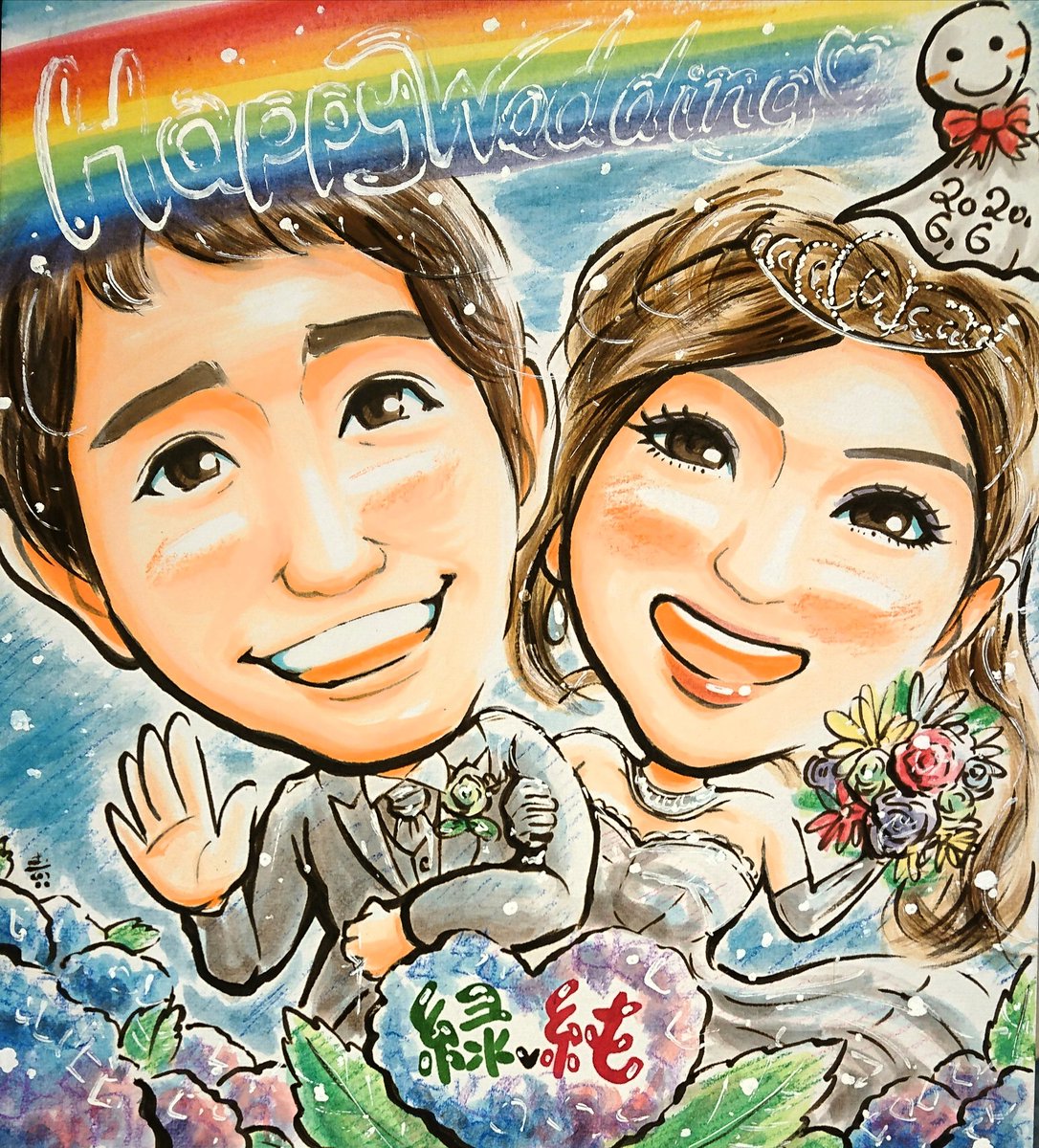 タカマサ 似顔絵 ダイエット中 ウェディングの似顔絵見本です テーマは6月 主線は ダイソーのイラストマーカー ダークブラウン に コピックのペン先を付け替えて描いてます 最初以外 インクの出る量が抑えられて良い感じ 紫陽花はそれっぽく描け