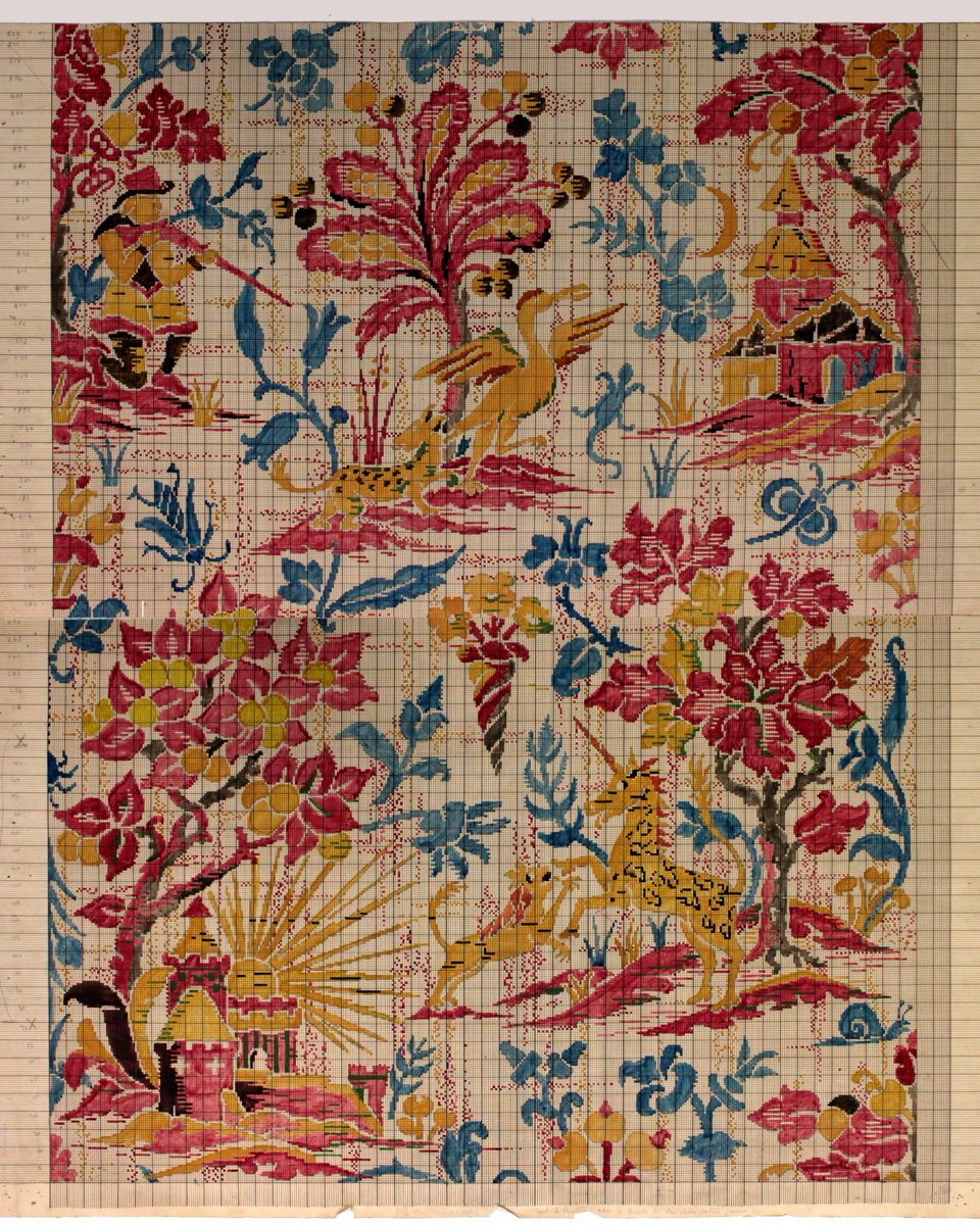 Gainsweaving's tweet image. Draft number 380 from our vast paper archive of hand painted drafts, originally for intended for cutting jacquard punch cards on our Hattersley looms. This wonderful design draws on elements of Chinoiserie with a fantasy twist.

#gainsboroughweaving