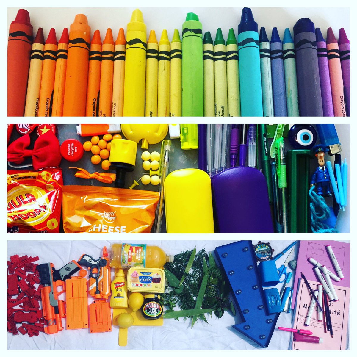 hls_art's tweet photo. Putting up tough competition... year 8 colour wheel assemblages! Lots of colourful objects! Great job! #hlsart #hlsstayathome #colourwheel #ks3art https://t.co/EUeo5Z4mBG