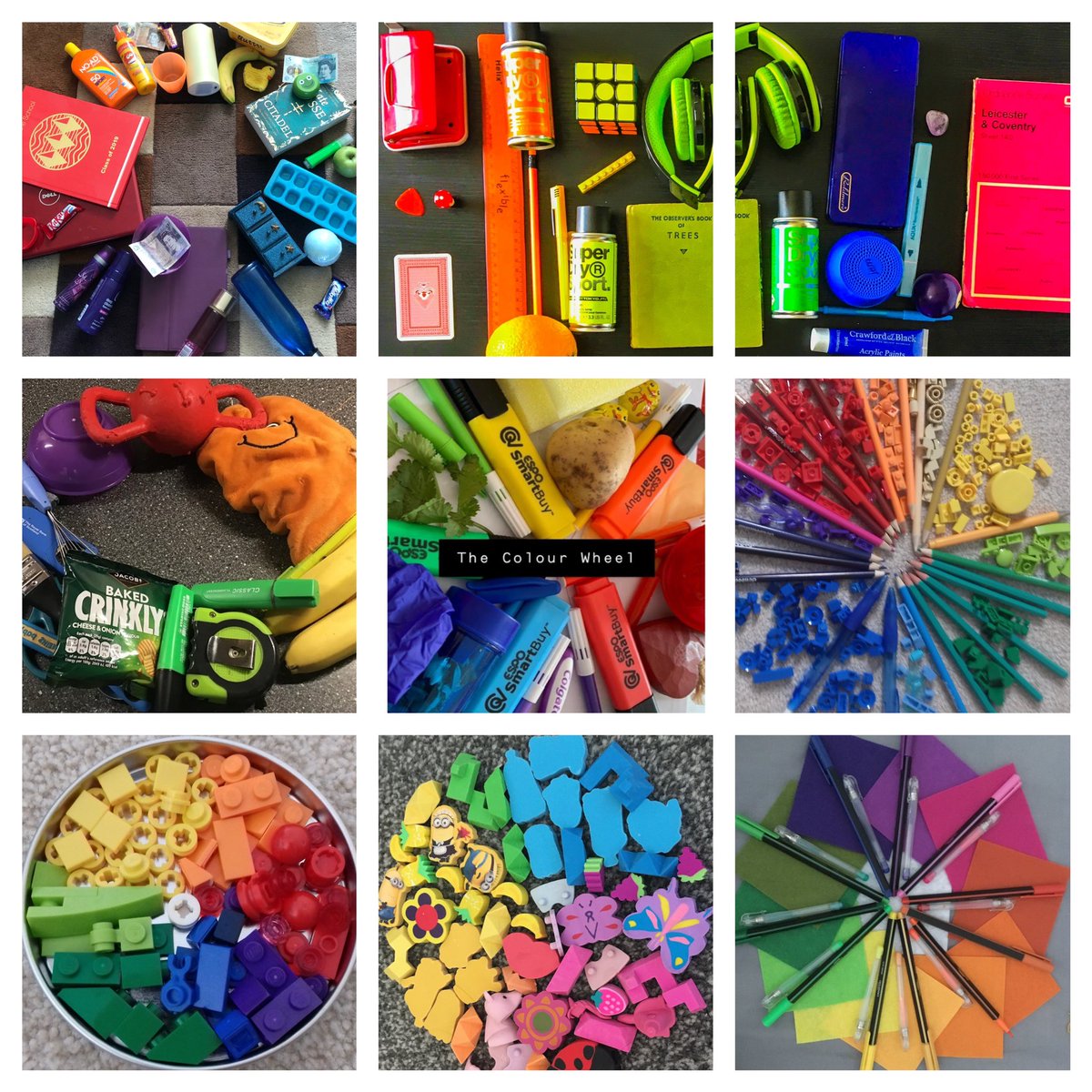hls_art's tweet photo. Putting up tough competition... year 8 colour wheel assemblages! Lots of colourful objects! Great job! #hlsart #hlsstayathome #colourwheel #ks3art https://t.co/EUeo5Z4mBG