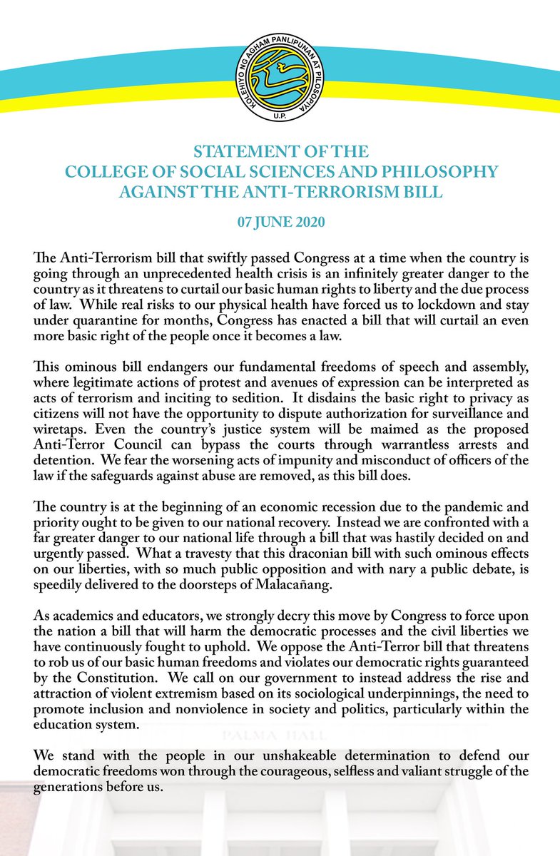 UPThirdWorld's tweet image. Statement of the UP College of Social Sciences and Philosophy (@UP_CSSP) Against the Anti-Terrorism Bill