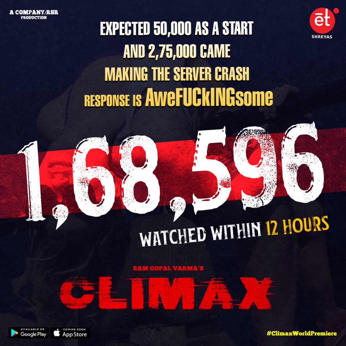 AlwysVenuCharan's tweet photo. Stream of #Climax was expected to get 50,000 traffic ,it went upto 2,75,000 and crashed. But @shreyaset made a record with the premier of @rgvzoomin's Climax. Marking 1,68,596 people who watched the film within 12 hours of release.
#ClimaxByET #RGVWorld
@MiaMalkova https://t.co/6rycBQgiFW