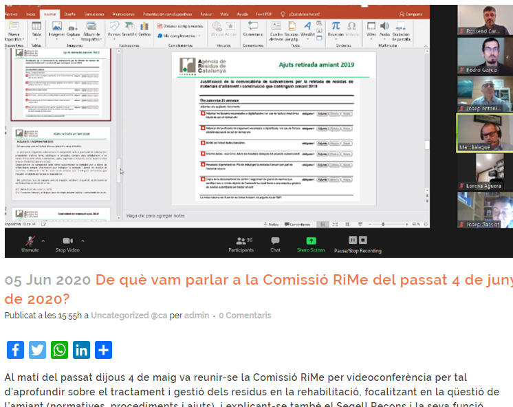 ConstructorsBCN's tweet image. El passat 04/05 va reunir-se la Comissió RiMe per videoconferència per aprofundir sobre tractament i gestió dels residus en la #rehabilitació, focalitzant en l’amiant (normatives, procediments i ajuts), i explicant-se també el Segell #Recons.gremi-obres.org/de-que-vam-par… @CambraContCat