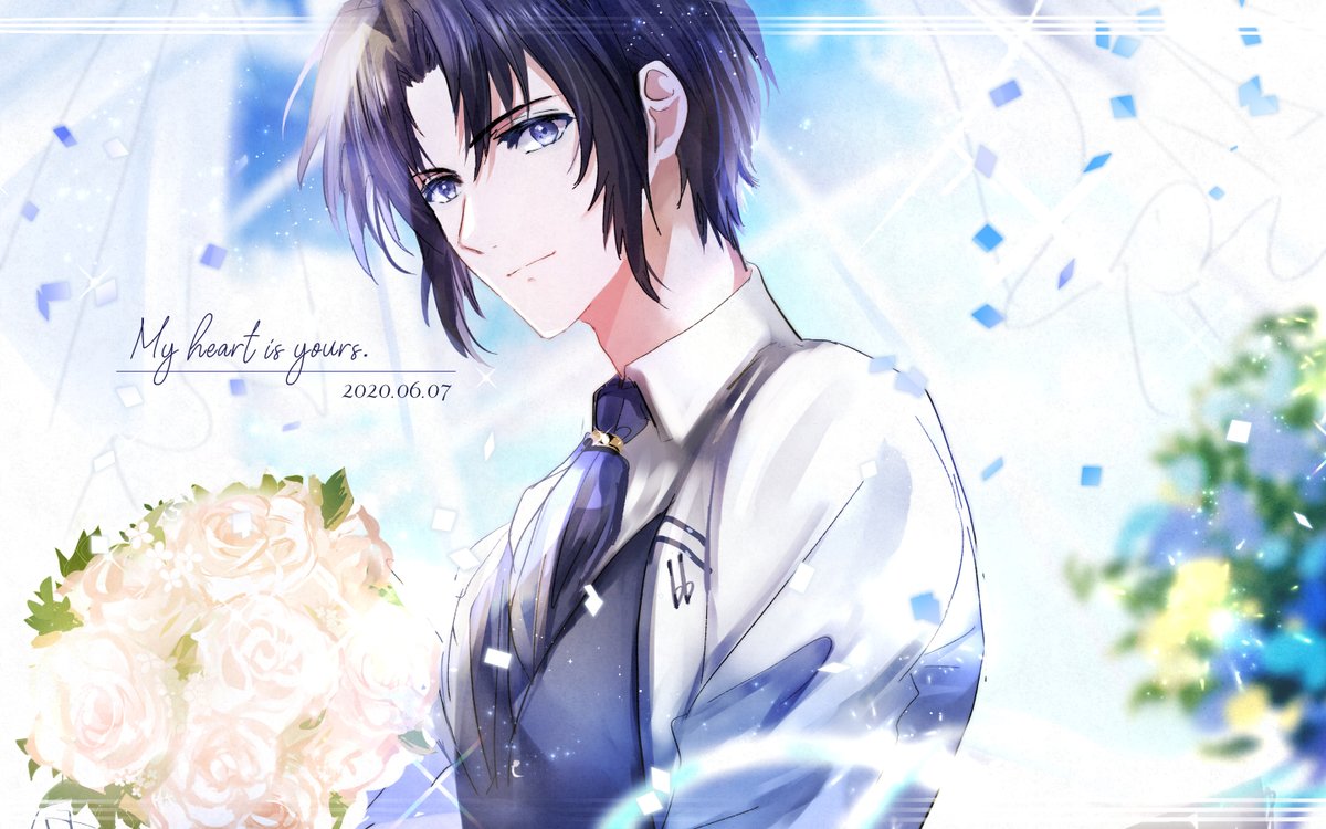 1boy male focus solo happy birthday bouquet flower black hair  illustration images