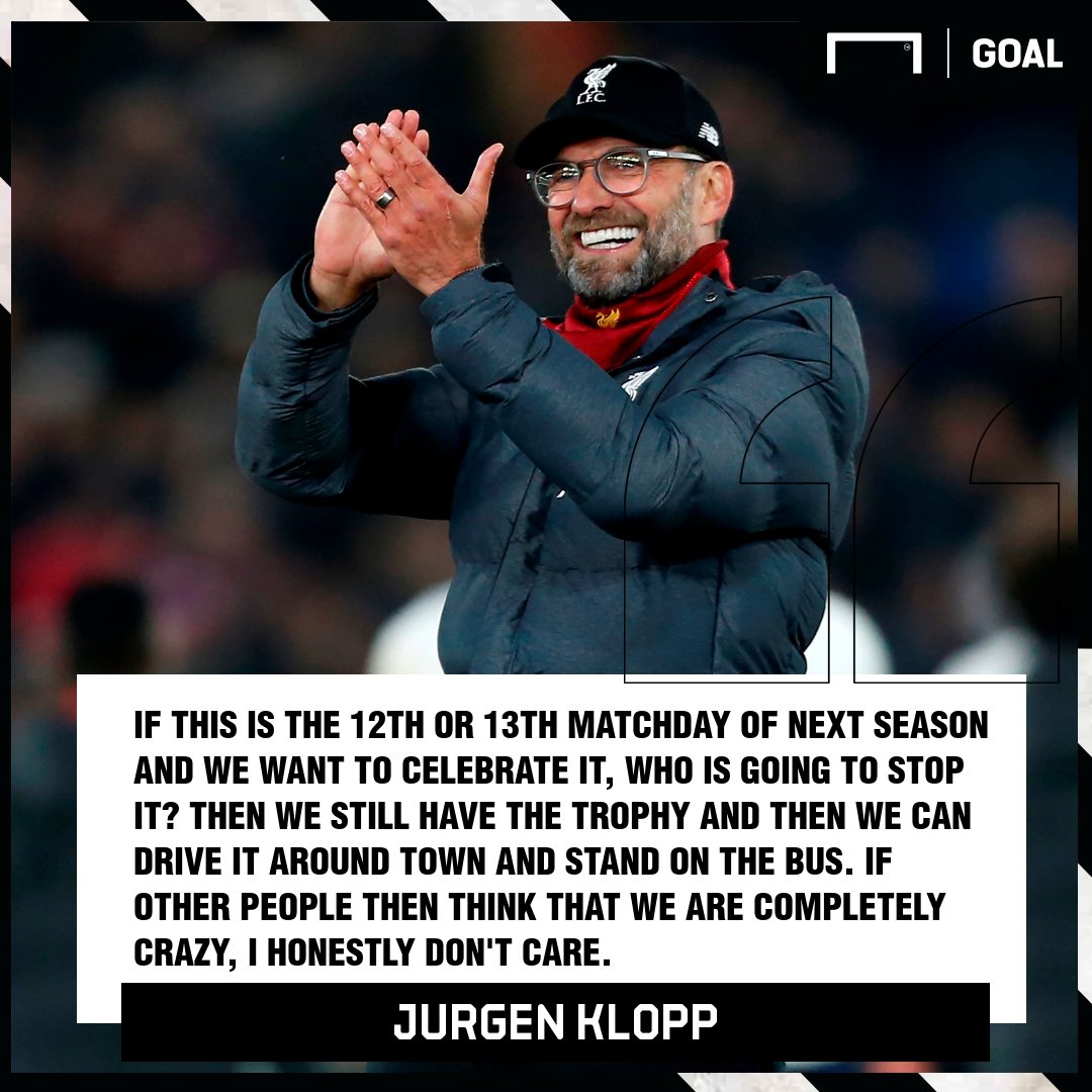 goal's tweet photo. Jurgen Klopp says Liverpool will parade the Premier League trophy halfway through NEXT season if they have to 🏆

And he doesn't care if that sounds weird 🤷‍♂️ https://t.co/vRsxgV3NzP