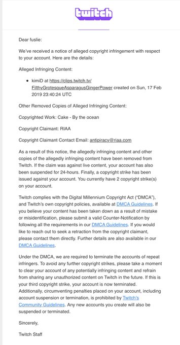Iflyer Twitch配信者は要注意 デジタルミレニアム著作権法 からの違反通達を無視すると Twitchから一生追放される Twitch でのdjプレイは今後できなくなる