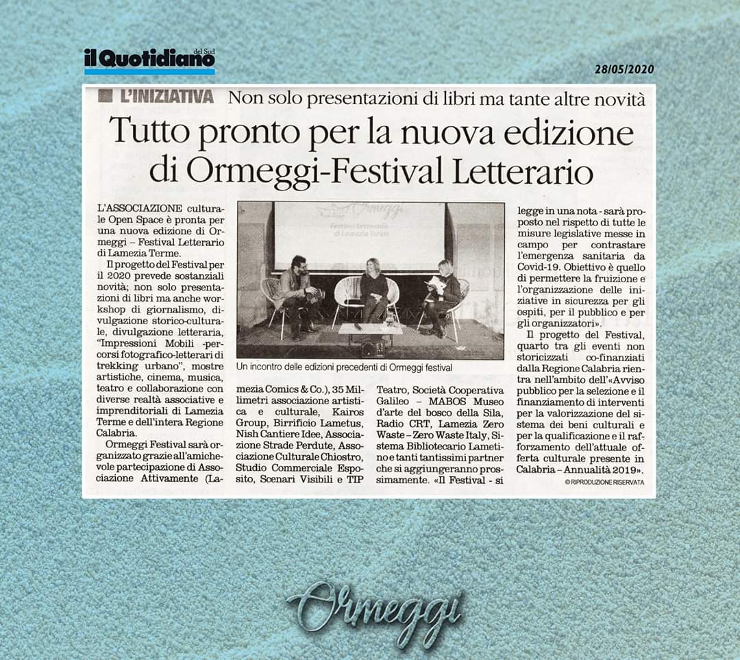 openspace_ac's tweet photo. 📢
Parlano di noi
"Tutto pronto per la nuova edizione di Ormeggi - Festival Letterario"
🗞
da Il Quotidiano Del Sud del 28/05/2020
#OrmeggiFest #OpenSpace_ac https://t.co/IRq4JA2qBr
