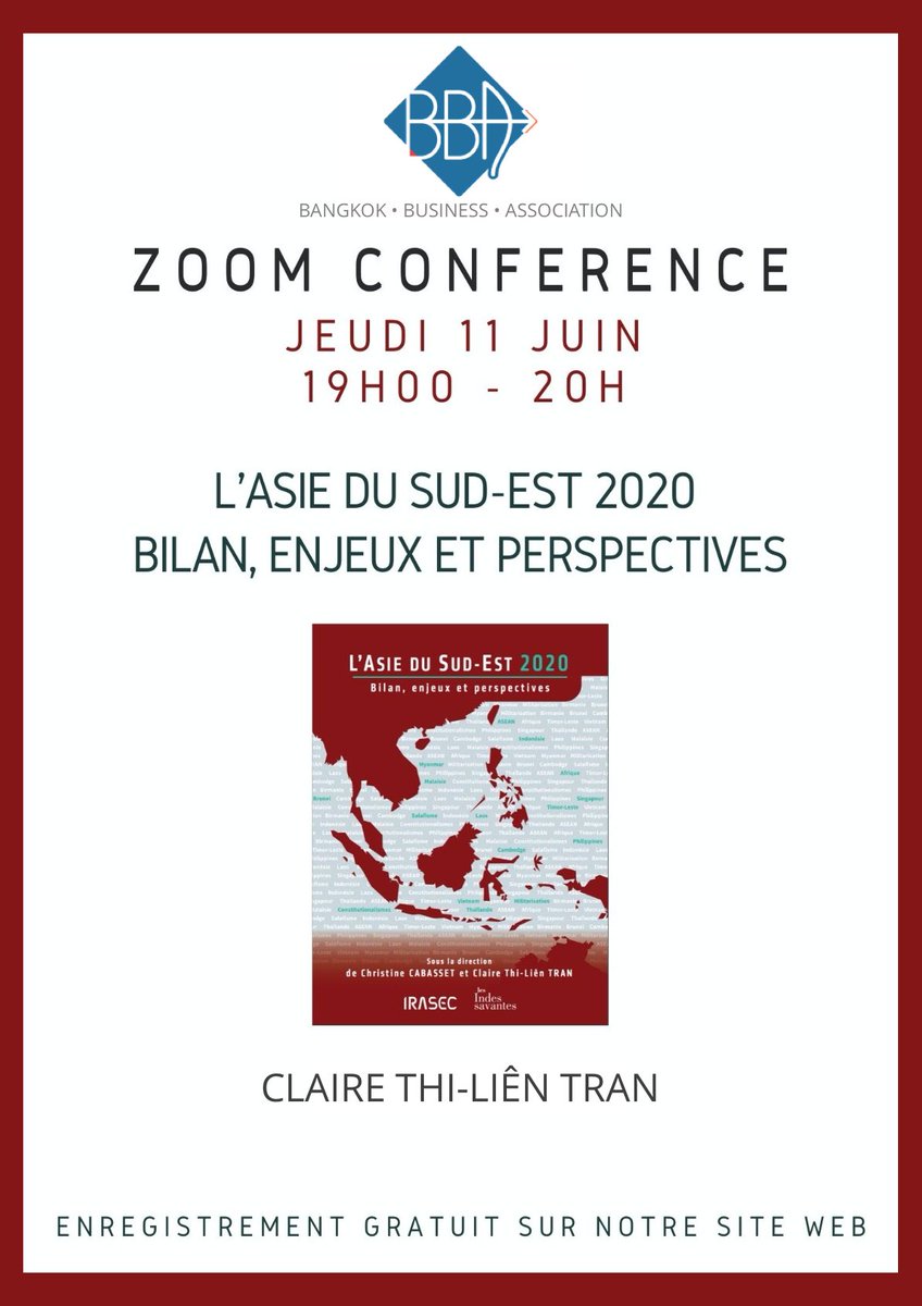 efauvel's tweet photo. Rejoignez-nous Jeudi 11 Juin pour notre prochaine soirée #Bangkok #Business #Association par ZOOM !
Claire Thi-Liên Tran de l'institut #IRASEC présentera : "L'ASIE DU SUD-EST 2020 : BILAN, ENJEUX ET PERSPECTIVES". Session à 19h puis questions, réponses et partages d'idées. https://t.co/jB5SBCxaTG