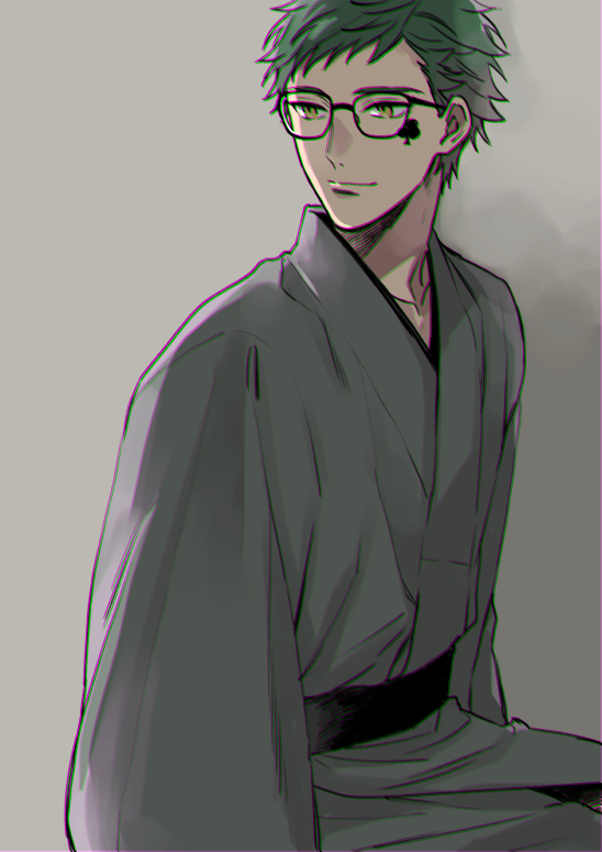 1boy male focus solo glasses green hair japanese clothes kimono  illustration images