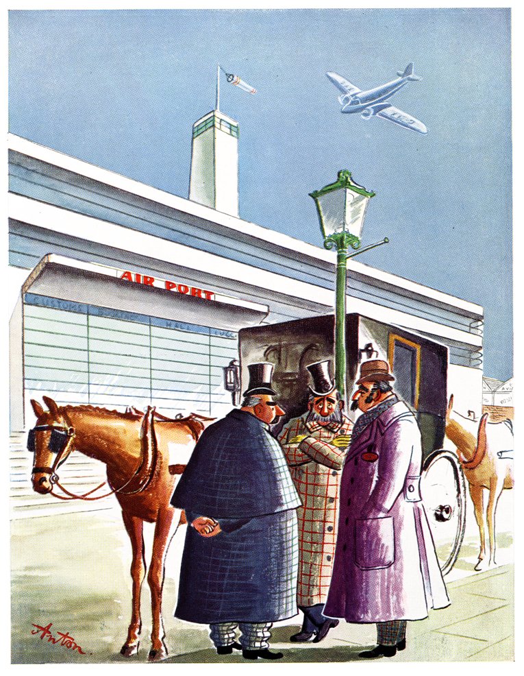 PunchBooks's tweet photo. #TheBigPicture Full page colour cartoons from PUNCH. By Anton from the 1939 Autumn Number. Tradition meets modernity! #travel #airtravel #airports #hackneycabs #cabs #taxi #horses #architecture #modernism #aviation #aircraft #transport #illustrations https://t.co/o6y1LIYWoF