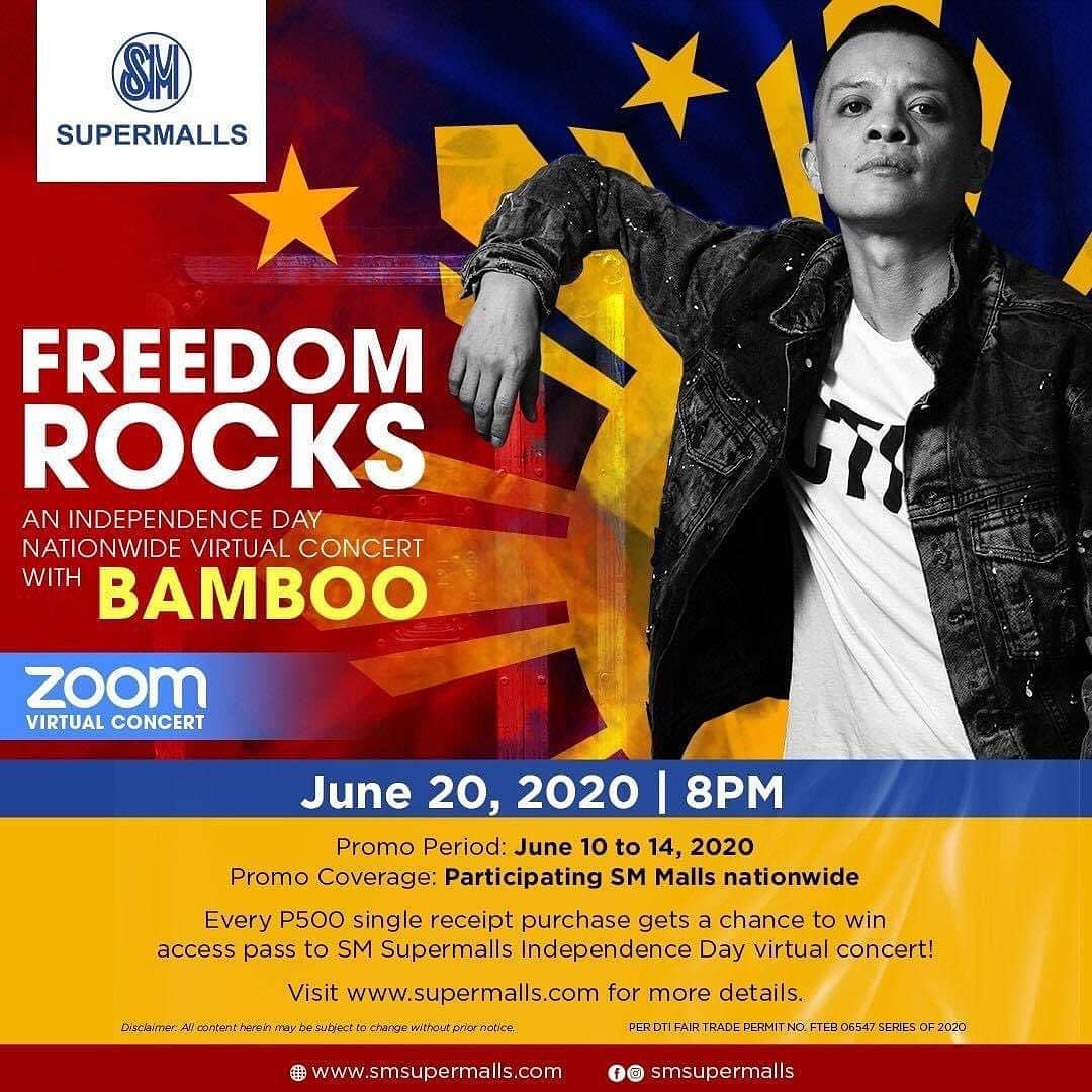 Watch Filipino Rock Legend, Bamboo perform his hit songs via Zoom as SM celebrates Independence Day with a virtual concert! 🇵🇭🤟

Visit this link for more details on how to join: bit.ly/2ByAE8O

#SupportLocalAtSM