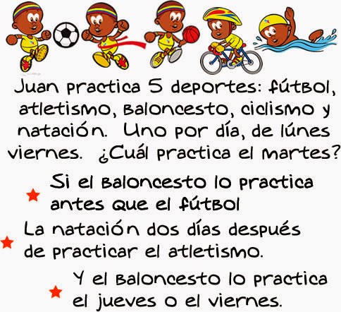 SolerFeito's tweet image. 7 junio 2020 -  Hoy un problema. ¿Qué deporte practica Juan los martes?
 #tallerdematemáticas  #problemasmatemáticos
@escuelasbosque